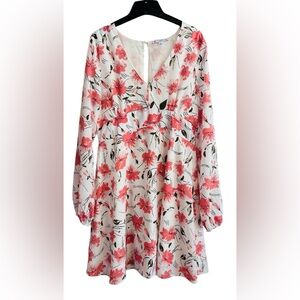 LLove Floral Babydoll Dress Size Large Cream Coral Long Sleeve Boho
